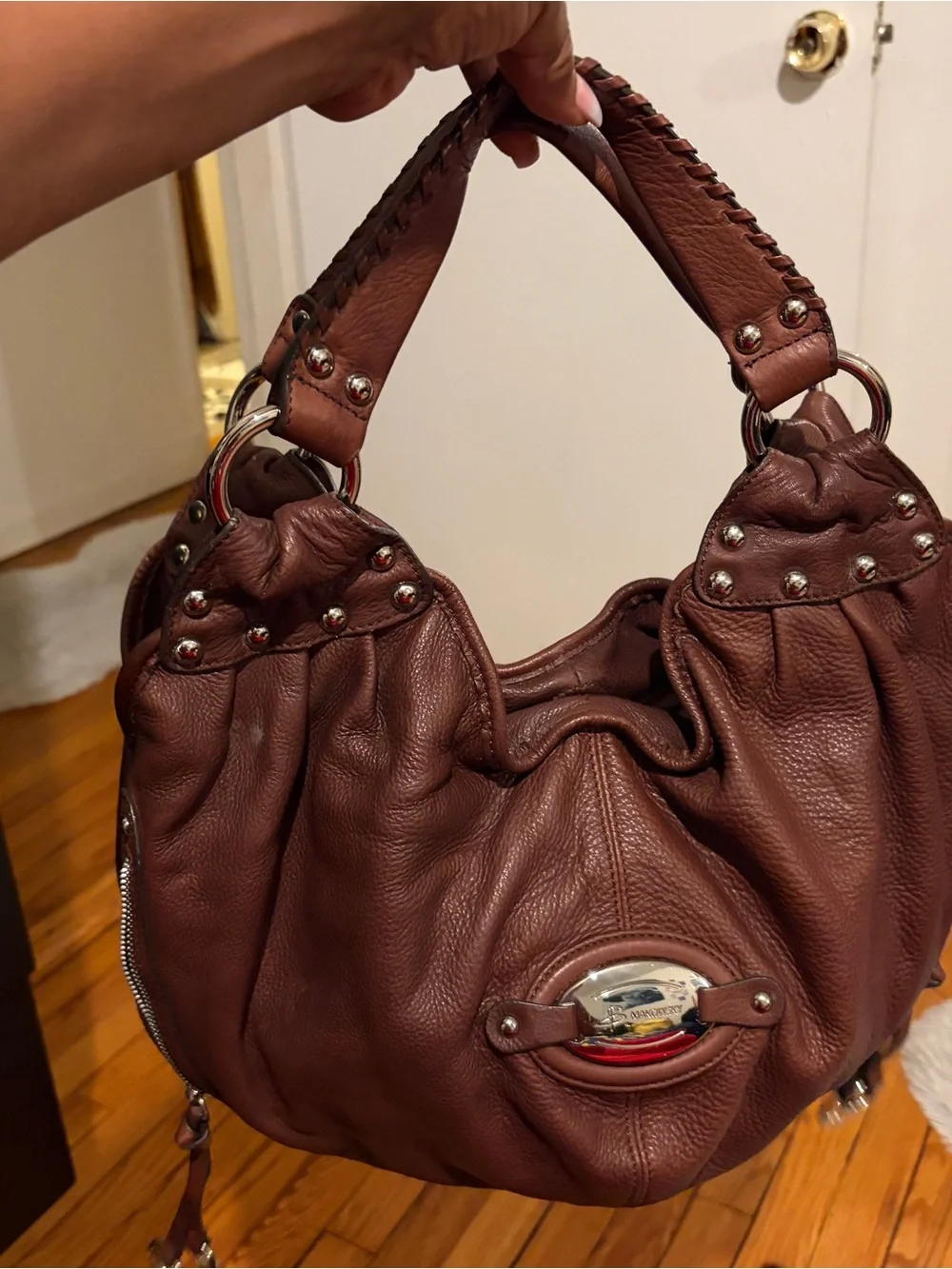 b. makowsky Brown Leather Studded Hobo Shoulder Bag